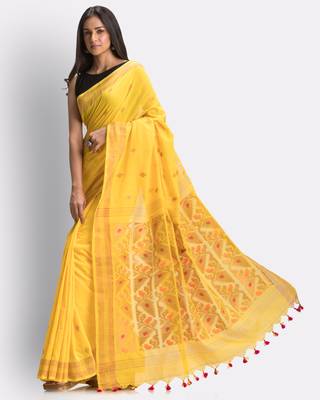 Yellow hand woven cotton saree with blouse 3
