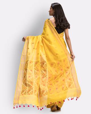 Yellow hand woven cotton saree with blouse 4
