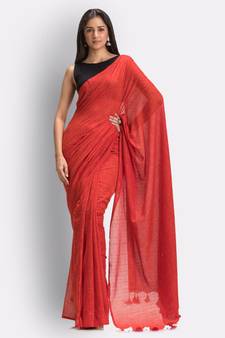 Red Hand Woven Cotton Saree Without Blouse