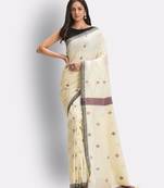 Cream hand woven cotton saree with blouse