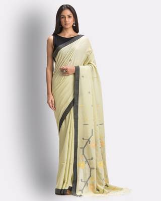 Cream hand woven cotton saree with blouse 1