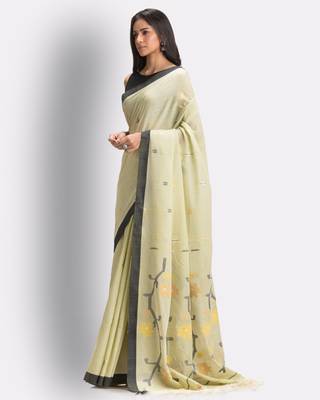 Cream hand woven cotton saree with blouse 2
