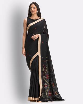 Black hand woven cotton saree with blouse 1