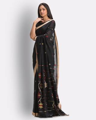 Black hand woven cotton saree with blouse 2