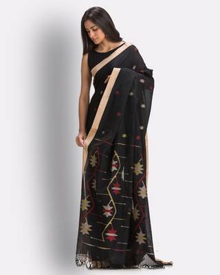Black hand woven cotton saree with blouse 3
