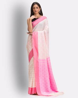 Cream hand woven cotton saree with blouse 1