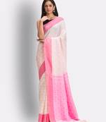 Cream hand woven cotton saree with blouse