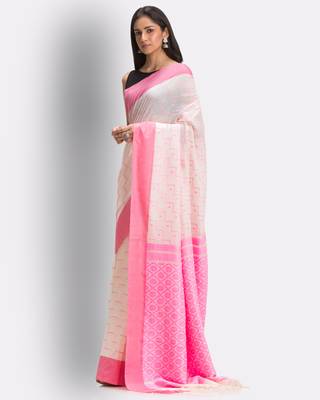 Cream hand woven cotton saree with blouse 2