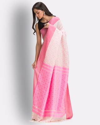 Cream hand woven cotton saree with blouse 3