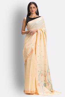Tan hand woven cotton saree with blouse