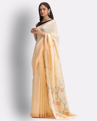 Tan hand woven cotton saree with blouse 2