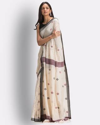 Tan hand woven cotton saree with blouse 2
