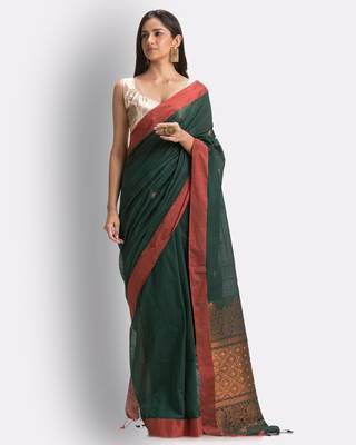 Green hand woven cotton saree with blouse 1