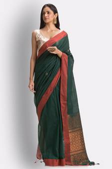 Green hand woven cotton saree with blouse