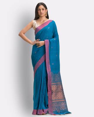 Blue hand woven cotton saree with blouse 1