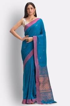 Blue hand woven cotton saree with blouse