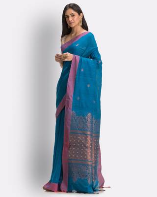 Blue hand woven cotton saree with blouse 2