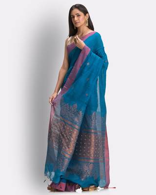 Blue hand woven cotton saree with blouse 3