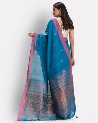 Blue hand woven cotton saree with blouse 4
