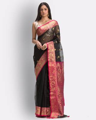 Black hand woven art silk saree with blouse 1