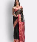 Black hand woven art silk saree with blouse