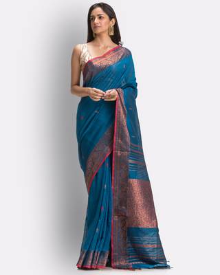 Blue hand woven cotton saree with blouse 1