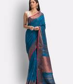 Blue hand woven cotton saree with blouse