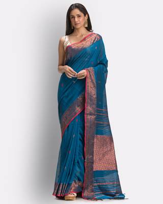 Blue hand woven cotton saree with blouse 2