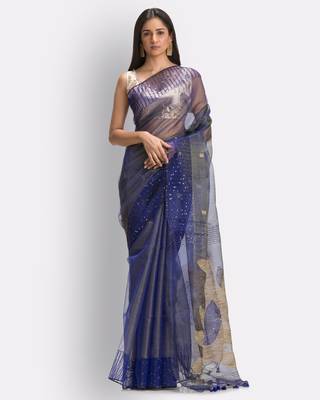 Blue hand woven art silk saree with blouse 1