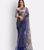 Blue hand woven art silk saree with blouse