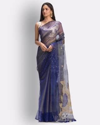 Blue hand woven art silk saree with blouse 2