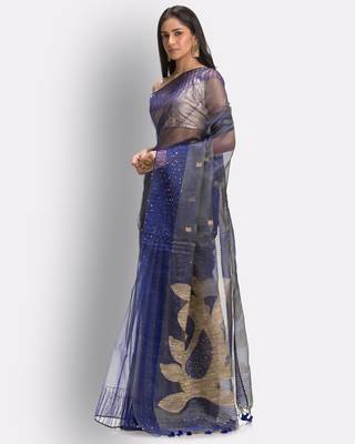 Blue hand woven art silk saree with blouse 3
