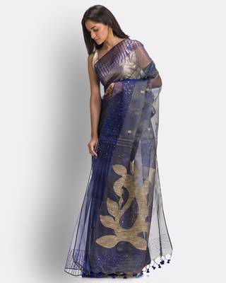 Blue hand woven art silk saree with blouse 4