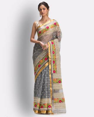 Grey hand woven art silk saree with blouse 1