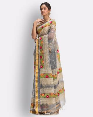 Grey hand woven art silk saree with blouse 2