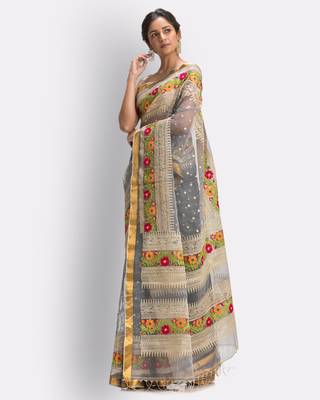 Grey hand woven art silk saree with blouse 3