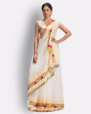 White hand woven art silk saree with blouse 1
