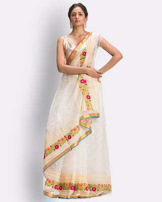 White hand woven art silk saree with blouse 2