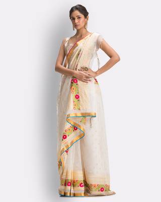 White hand woven art silk saree with blouse 3