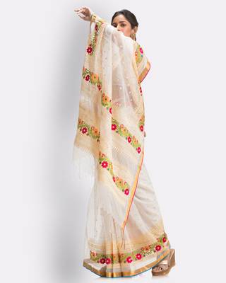 White hand woven art silk saree with blouse 4