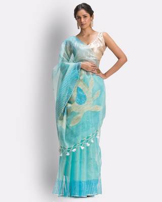 Blue hand woven art silk saree with blouse 1