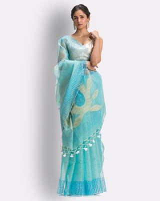 Blue hand woven art silk saree with blouse 2