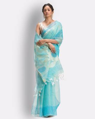 Blue hand woven art silk saree with blouse 3