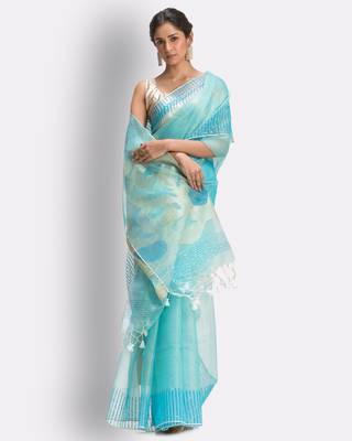 Blue hand woven art silk saree with blouse 4