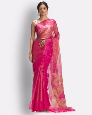 Pink hand woven art silk saree with blouse 1