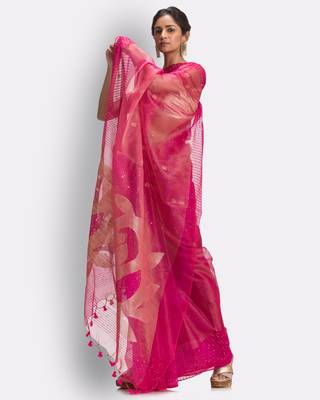 Pink hand woven art silk saree with blouse 2