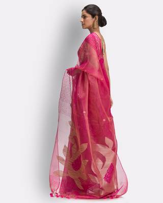 Pink hand woven art silk saree with blouse 3