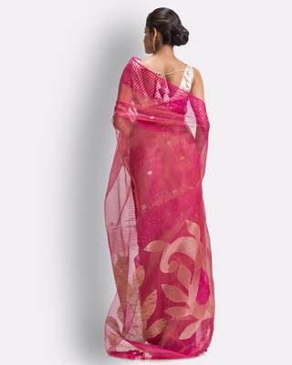 Pink hand woven art silk saree with blouse 4