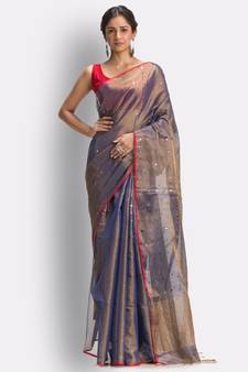 Blue hand woven art silk saree with blouse