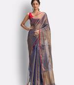 Blue hand woven art silk saree with blouse